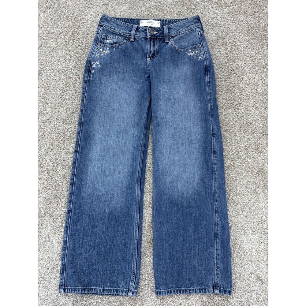 Hollister Low Rise Baggy Jeans Womens 24 Short Stone Wash Floral Embroidered Y2K